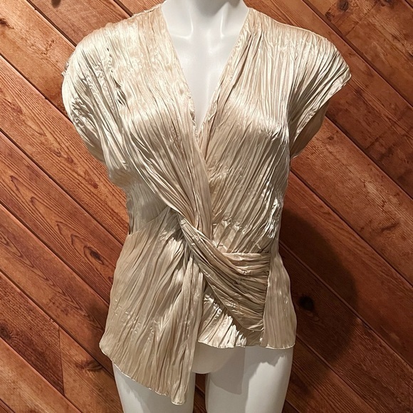 NWT Zara Champagne Asymmetrical Cap Sleeve V Neck Crinkle Blouse Top Pullover M - Picture 3 of 8